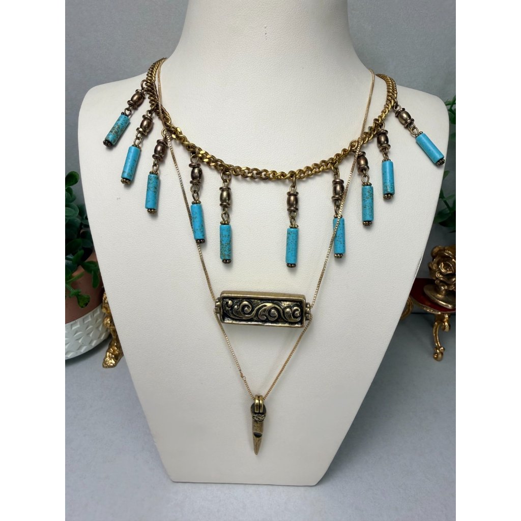 Vanessa Mooney Layered Necklace Turquoise Drops Boho Statement Gold 45$